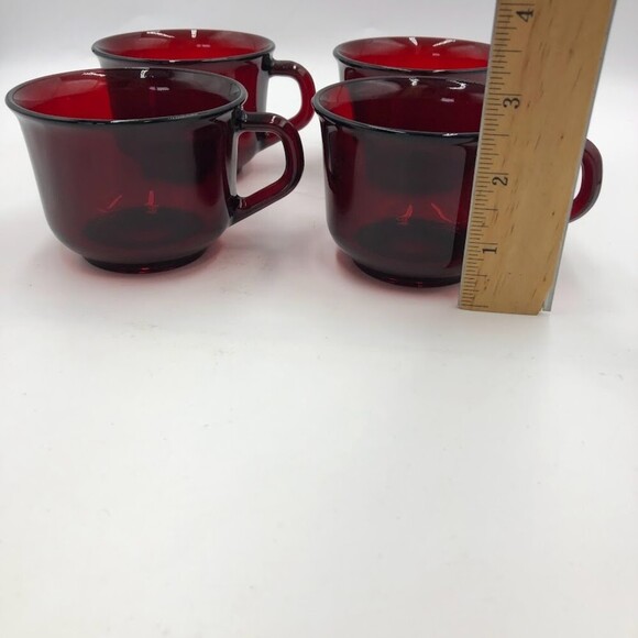 Vintage Ruby Red Glass Set of 4 Mugs Arcoroc France Collectible Glassware - Picture 10 of 12